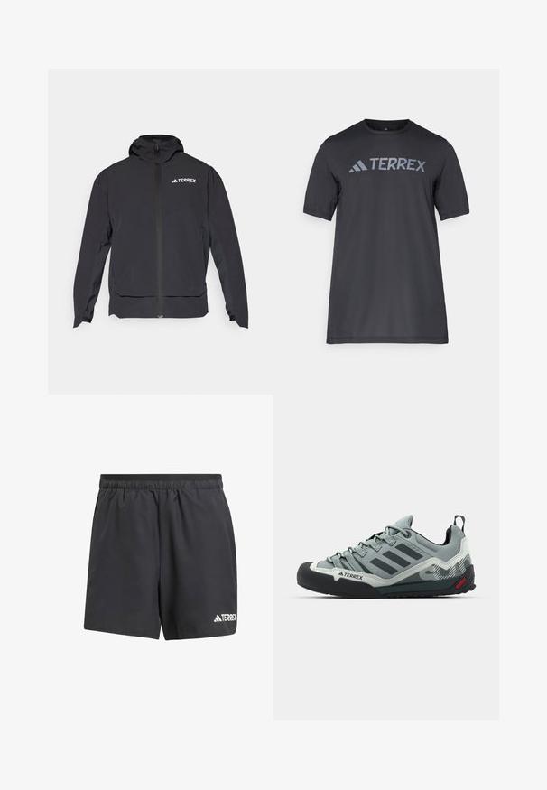Melnā Terrex jaka ar rāvējslēdzēju priekšpusē, ērtu kapuci un logotipu augšējā kreisajā pusē. Tai ir eleganta dizaina un gluda virsma.; Melna īsām piedurknēm T-kreklu, kas izgatavots no viegla auduma, ar gaismu pelēku "TERREX" logo krūšu daļā un apaļu kakla izgriezumu.; Melnas sporta šortu, kas izgatavoti no viegla materiāla. Tiem ir elastīga josta un balts "TERREX" logo kreisajā apakšējā kājā.; Pelēki kāpšanas apavi ar teksturētu augšdaļu, melnu gumijas purngalu, trim tumšām svītrām un nelielu sarkanu akcentu uz zoles.