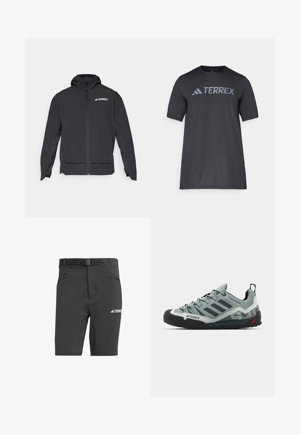 Musta Terrex-takki, jossa on vetoketju edessä, huppu ja logo vasemmassa yläkulmassa. Korostaa tyylikästä muotoilua ja sileää pintaa.; Musta lyhythihainen t-paita kevyestä kankaasta, jossa on vaaleanharmaa "TERREX" -logo rinnassa ja pyöreä kaula-aukko.; Mustat ulkoilushortsit, joissa on tyylikäs muotoilu, vyö, kaksi vetoketjullista sivutaskua ja tulostettu logo alhaalla edessä.; Harmaan kiipeilykengät, joissa on teksturoitu päällinen, musta kuminen varvasosa, kolme tummaa raitaa ja pieni punainen yksityiskohta pohjassa.
