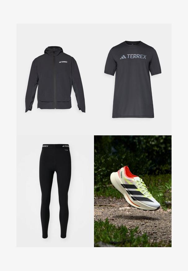 Schwarze Terrex-Jacke mit einem Reißverschluss vorne, Kapuze und Logo auf der oberen linken Seite. Verfügt über ein elegantes Design und eine glatte Textur.; Schwarzes T-Shirt mit kurzen Ärmeln aus leichtem Stoff, mit einem hellgrauen "TERREX"-Logo auf der Brust und einem Rundhalsausschnitt.; Schwarze Sportleggings mit tailliertem Design und elastischem Bund, versehen mit dem "TERREX"-Branding. Hergestellt aus einem glatten, dehnbaren Material.; Leichter Laufschuh in Weiß mit schwarzen Streifen, roten Akzenten und gelben Schnürsenkeln; verfügt über ein strukturiertes Obermaterial und eine gepolsterte Sohle.