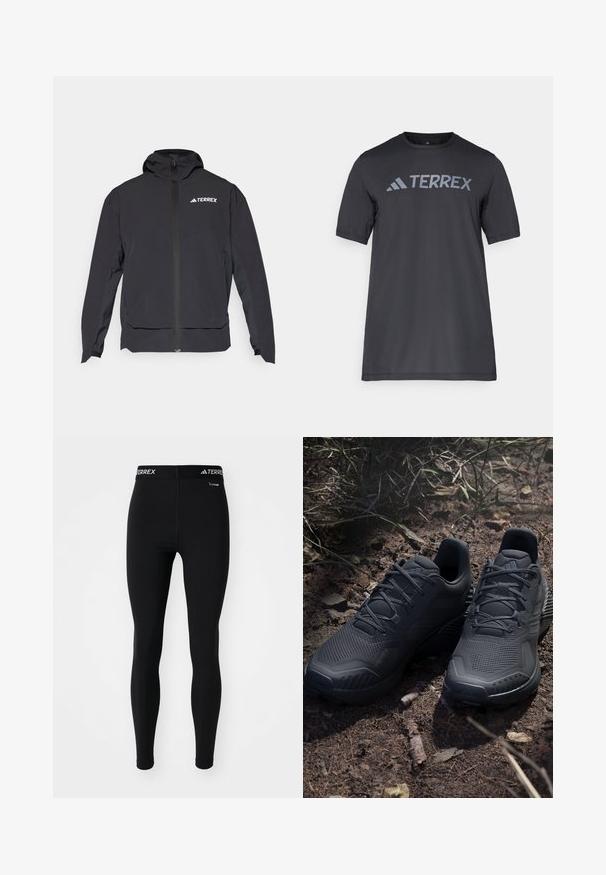 Black Terrex jacket with a zip front, hood, and logo on the upper left. Features a sleek design and smooth texture.; Black short-sleeve t-shirt made of lightweight fabric, featuring a light gray “TERREX” logo across the chest and a crew neckline.; Black athletic leggings with a fitted design and elastic waistband featuring “TERREX” branding. Made from a smooth, stretchy material.; Black athletic shoes with a textured knit upper, reinforced toe, and cushioned sole, displayed on earthy ground with scattered twigs.