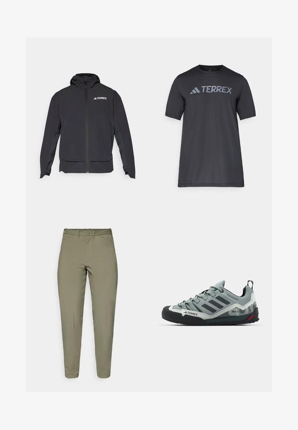 Musta Terrex-takki, jossa on vetoketju edessä, huppu ja logo vasemmassa yläkulmassa. Korostaa tyylikästä muotoilua ja sileää pintaa.; Musta lyhythihainen t-paita kevyestä kankaasta, jossa on vaaleanharmaa "TERREX" -logo rinnassa ja pyöreä kaula-aukko.; Harmaan oliivinvihreät housut, joissa on sileä pintakuvio, kapeneva malli, vyölenkit ja yksittäinen nappikiinnitys vyötäröllä.; Harmaan kiipeilykengät, joissa on teksturoitu päällinen, musta kuminen varvasosa, kolme tummaa raitaa ja pieni punainen yksityiskohta pohjassa.