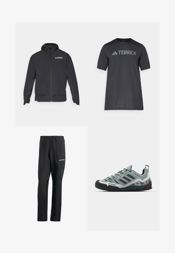 Melnā Terrex jaka ar rāvējslēdzēju priekšpusē, ērtu kapuci un logotipu augšējā kreisajā pusē. Tai ir eleganta dizaina un gluda virsma.; Melna īsām piedurknēm T-kreklu, kas izgatavots no viegla auduma, ar gaismu pelēku "TERREX" logo krūšu daļā un apaļu kakla izgriezumu.; Melnas vieglās pārgājienu bikses ar elastīgu jostasvietu, sānu rāvējslēdzēja kabatu un atstarotāja TERREX logo detaļu. Gluda, ūdensnecaurlaidīga materiāla.; Pelēki kāpšanas apavi ar teksturētu augšdaļu, melnu gumijas purngalu, trim tumšām svītrām un nelielu sarkanu akcentu uz zoles.