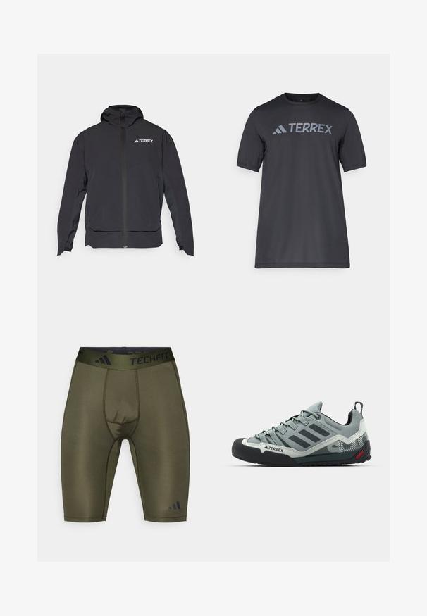 Black Terrex jacket with a zip front, hood, and logo on the upper left. Features a sleek design and smooth texture.; Black short-sleeve t-shirt made of lightweight fabric, featuring a light gray “TERREX” logo across the chest and a crew neckline.; Olive green compression shorts with a black TECHFIT waistband, featuring smooth texture, fitted shape, and subtle seam detailing.; Gray climbing shoes featuring a textured upper, black rubber toe cap, three dark stripes, and a small red accent on the sole.