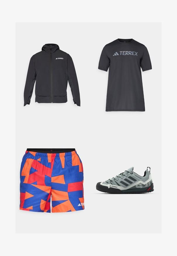 Casaco Terrex preto com fecho na frente, capuz e logótipo no canto superior esquerdo. Apresenta um design elegante e uma textura suave.; Camiseta preta de manga curta feita de tecido leve, com o logótipo cinza-claro "TERREX" atravessando o peito e um decote redondo.; Calções de banho feitos de um tecido leve com um padrão geométrico em azul, laranja e vermelho, apresentando uma cintura elástica e um detalhe de logotipo.; Chalkboard cinzas com um cabedal texturizado, bico de borracha preta, três riscas escuras e um pequeno destaque vermelho na sola.