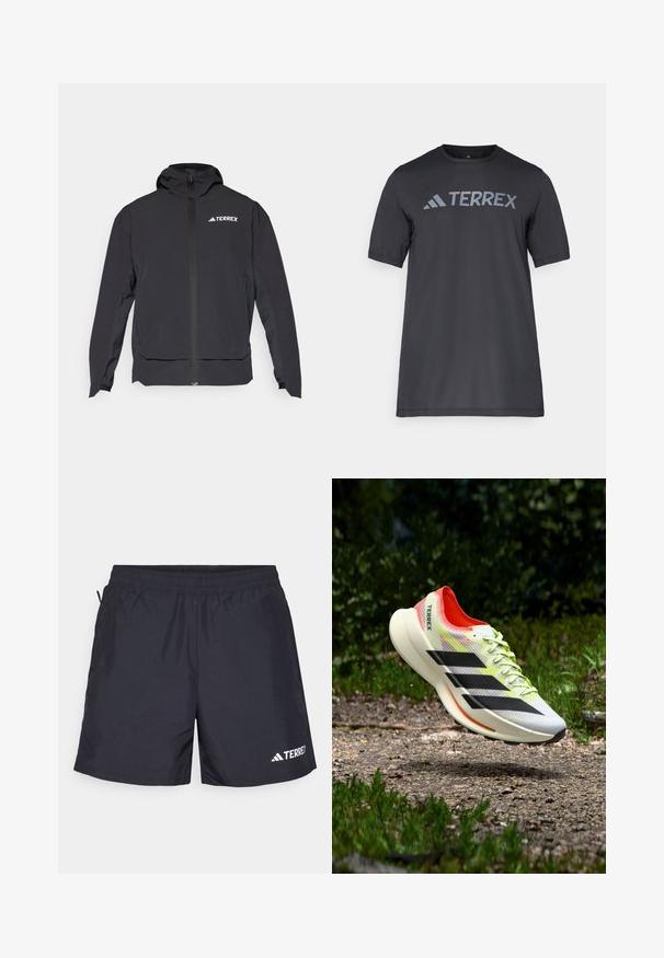 Svart Terrex-jacka med dragkedja fram, huva och logotyp på övre vänstra sidan. Har en strömlinjeformad design och en slät textur.; Svart kortärmad t-shirt gjord av lätt tyg, med en ljusgrå "TERREX"-logotyp över bröstet och rund halsringning.; Svarta träningsshorts gjorda av lättviktigt tyg, med elastisk midja, sidofickor och en vit logotyp nederst till höger.; Lätt löparsko i vitt med svarta ränder, röda detaljer och gula skosnören; har en texturerad ovandel och en vadderad sula.