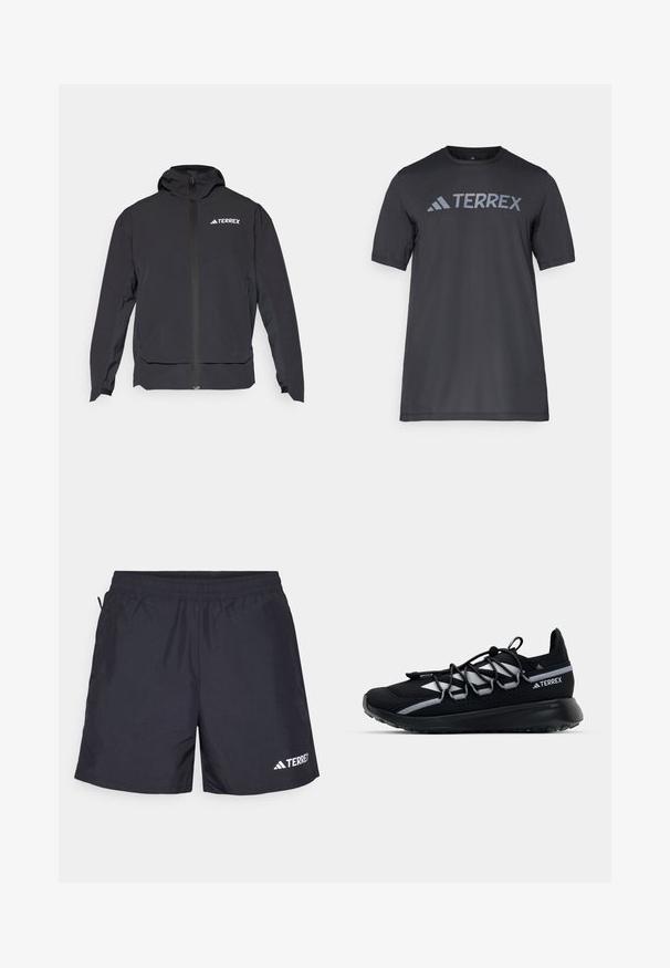Musta Terrex-takki, jossa on vetoketju edessä, huppu ja logo vasemmassa yläkulmassa. Korostaa tyylikästä muotoilua ja sileää pintaa.; Musta lyhythihainen t-paita kevyestä kankaasta, jossa on vaaleanharmaa "TERREX" -logo rinnassa ja pyöreä kaula-aukko.; Mustat urheilusortsit, jotka on valmistettu kevyestä kankaasta. Niissä on joustava vyötärö, sivutaskut ja valkoinen logo alareunassa oikealla puolella.; Musta urheilukengät, joissa on verkkopinta, heijastavat yksityiskohdat, joustavat nauhat ja teksturoitu kumipohja. Ominaisuudet sisältävät tyylikkään muotoilun suorituskykyä varten.