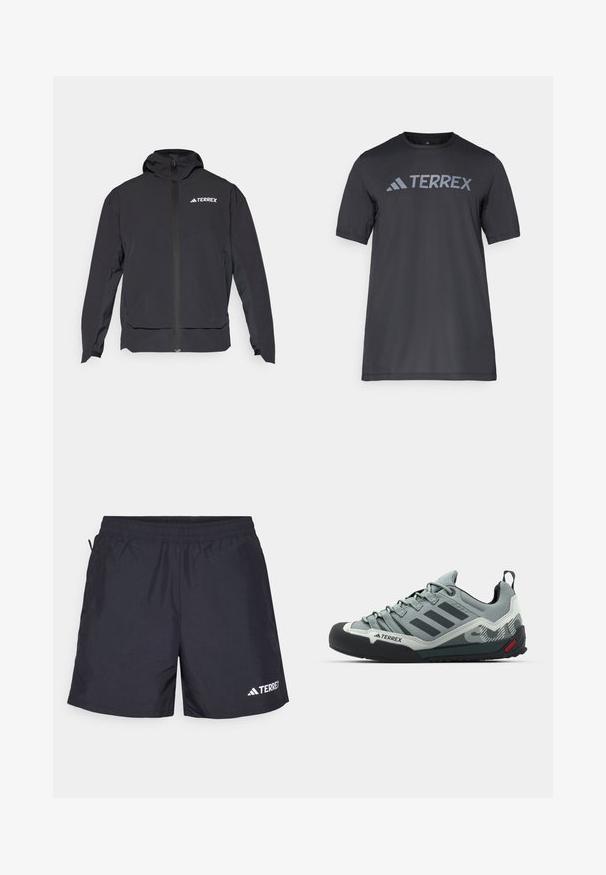 Casaco Terrex preto com fecho na frente, capuz e logótipo no canto superior esquerdo. Apresenta um design elegante e uma textura suave.; Camiseta preta de manga curta feita de tecido leve, com o logótipo cinza-claro "TERREX" atravessando o peito e um decote redondo.; Calções atléticos pretos feitos de um tecido leve, com uma cintura elástica, bolsos laterais e um logótipo branco na parte inferior direita.; Chalkboard cinzas com um cabedal texturizado, bico de borracha preta, três riscas escuras e um pequeno destaque vermelho na sola.