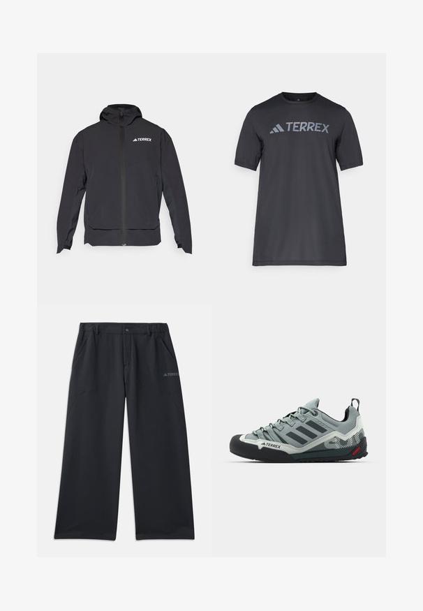 Must mängude värviline Terrex jope, millel on lukuga eesmine osa, kapuuts ja logo vasakul ülal. Omab sujuvat disaini ja pehmet tekstuuri.; Must musta t-särk, mis on valmistatud kergetest kangast, millel on kergehall "TERREX" logo rinnaeest ja ümar kaelus.; Mustad välispüksid, mis on lõdva istuvusega, kaks küljetaskut ja nööpkinnitusega. Valmistatud vastupidavast, kerge kaaluga materjalist.; Hallid hallid ronimissaapad, millel on tekstureeritud pealispind, must kummist varbakaitse, kolm tumedat triipu ja väike punane aktsent tallal.