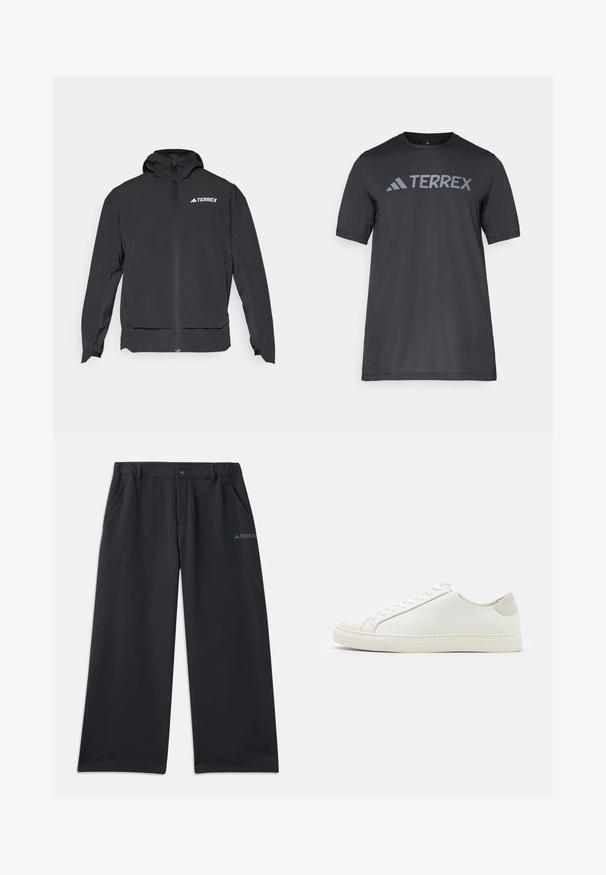 Zwarte Terrex-jas met een ritssluiting aan de voorkant, kap en logo aan de bovenlinkerzijde. Beschikt over een strak ontwerp en een zachte textuur.; Zwarte korte mouwen t-shirt van lichtgewicht stof, met een lichtgrijze "TERREX" logo over de borst en een ronde hals.; Zwarte outdoorbroek met een ontspannen pasvorm, voorzien van twee zijzakken en een knoopsluiting. Gemaakt van duurzaam, lichtgewicht materiaal.; Witte leren sneaker met een gladde oppervlakte, ronde neus en minimalistisch ontwerp. Heeft beige accenten op de hiel en een rubberen zool.