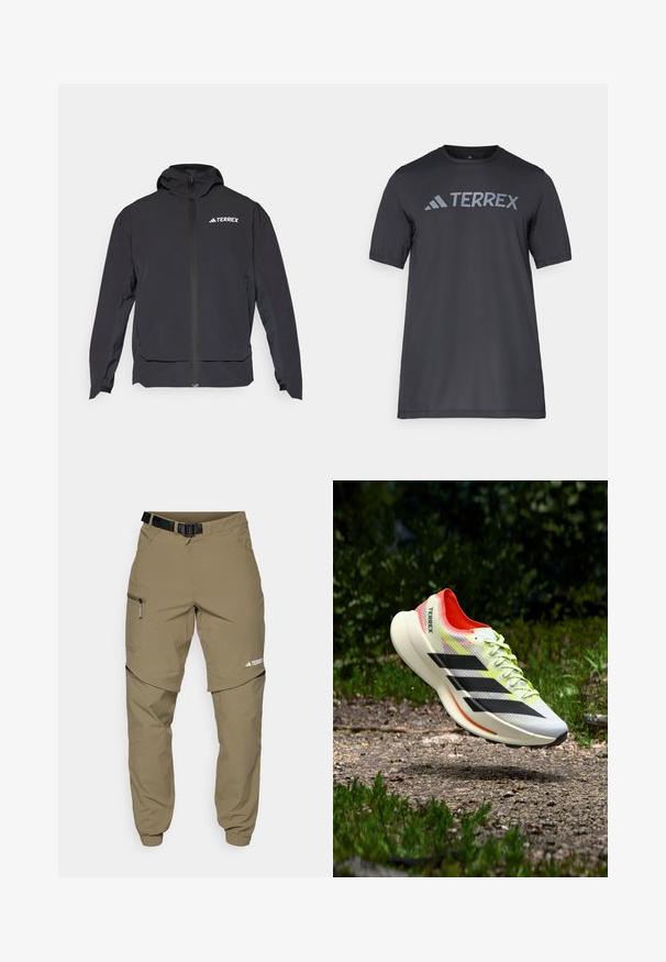 Fekete Terrex dzseki cipzárral elöl, kapucnival és logóval a bal felső részen. Sleek dizájnjával és sima textúrájával emelkedik ki.; Fekete, rövid ujjú póló, könnyű anyagból készült, világosszürke „TERREX” logóval a mellrészen és kerek nyakkivágással.; Bézs színű kültéri nadrág övvel, cipzáras oldalzsebekkel és rugalmas szegéllyel. Cipzáras levehető kialakítással a sokoldalúság érdekében, sima tapintású anyagból.; Könnyű fehér futócipő fekete csíkokkal, piros részletekkel és sárga fűzőkkel; texturált felsőrésszel és párnázott talppal rendelkezik.