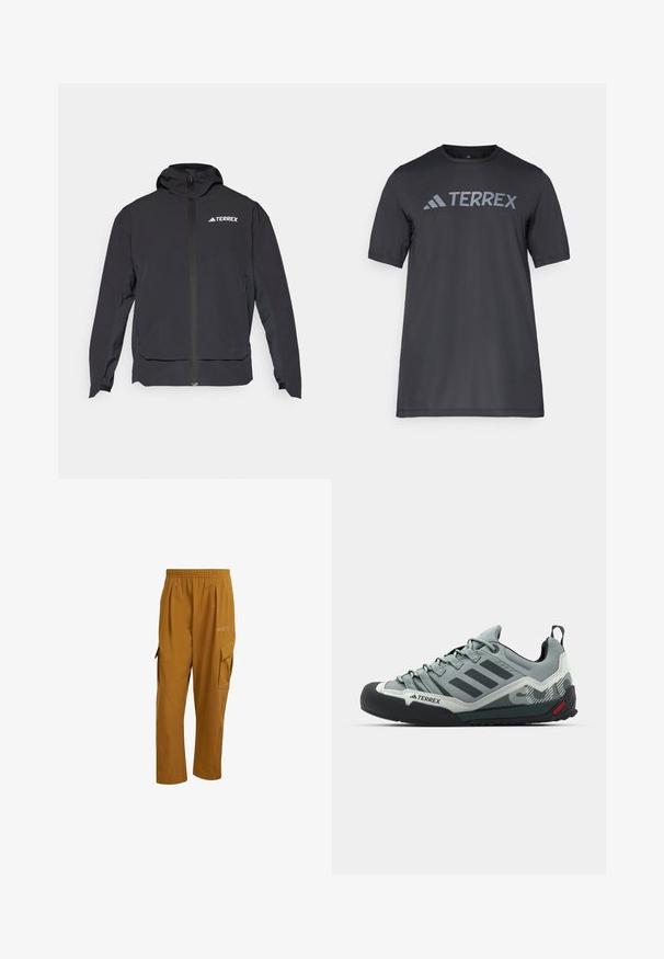 Schwarze Terrex-Jacke mit einem Reißverschluss vorne, Kapuze und Logo auf der oberen linken Seite. Verfügt über ein elegantes Design und eine glatte Textur.; Schwarzes T-Shirt mit kurzen Ärmeln aus leichtem Stoff, mit einem hellgrauen "TERREX"-Logo auf der Brust und einem Rundhalsausschnitt.; adidas Terrex Stoffhose - bronze strata; Graue Kletterschuhe mit einer strukturierten Oberseite, schwarzer Gummi-Zehenkappe, drei dunklen Streifen und einem kleinen roten Akzent an der Sohle.