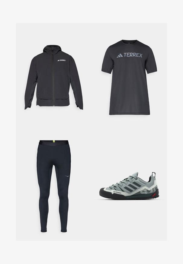 Juodas Terrex džemperis su užtrauktuku priekyje, kepure ir logotipu viršutiniame kairiajame kampe. Turi stilingą dizainą ir lygią tekstūrą.; Juodas trumpų rankovių marškinėliai iš lengvo audinio, su šviesiai pilku „TERREX“ logotipu krūtinėje ir apvaliu iškirpimu.; Navy sportiniai legginsai, pagaminti iš elastingos medžiagos, su lygiu liemeniu, lieknu kirpimu ir atspindinčiu logotipu šone.; Pilkos lipimo bateliai su tekstūruotu viršumi, juodu guminiu pirštu, trimis tamsiomis juostelėmis ir mažu raudonu akcentu ant padų.