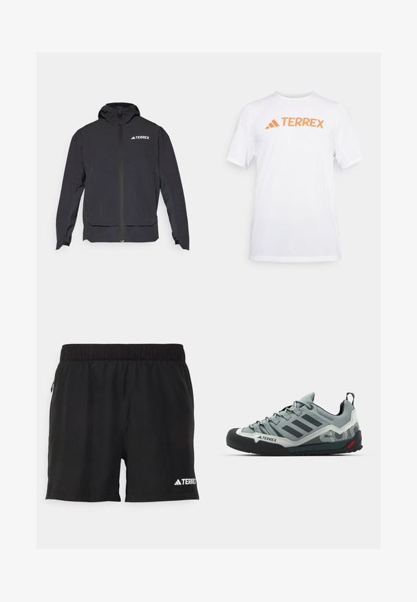 Melnā Terrex jaka ar rāvējslēdzēju priekšpusē, ērtu kapuci un logotipu augšējā kreisajā pusē. Tai ir eleganta dizaina un gluda virsma.; Balts īsām piedurknēm sporta krekls, kas izgatavots no elpojoša materiāla, ar oranžu "TERREX" logo uz krūtīm. Vienkāršs dizains ar tīrām līnijām.; Melnas sporta šortus izgatavotas no viegla auduma. Aprīkoti ar elastīgu jostasvīru un ar sānu rāvējslēdzēja kabatu. Logo apakšējā labajā stūrī.; Pelēki kāpšanas apavi ar teksturētu augšdaļu, melnu gumijas purngalu, trim tumšām svītrām un nelielu sarkanu akcentu uz zoles.