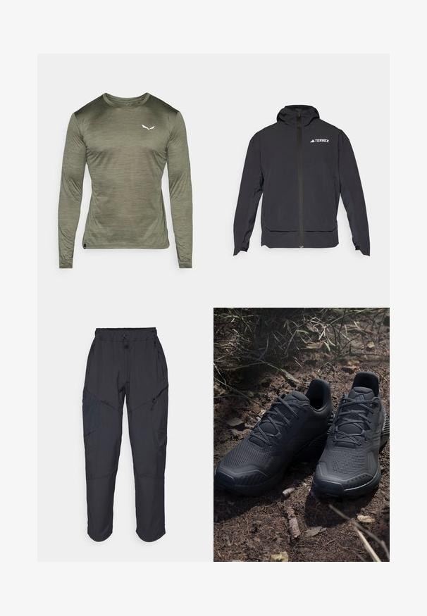 Črna jakna Terrex z zadrgo na sprednji strani, kapuco in logotipom na zgornji levi strani. Ponaša se z elegantnim dizajnom in gladko teksturo.; Majica z dolgimi rokavi v olivno zeleni barvi, izdelana iz mehke, lahke tkanine. Ima subtilen sijaj in majhen bel logotip na prsih.; Črne cargo hlače iz lahkega, vodoodpornega materiala; imajo elastični pas, več žepov z zadrgo in ožja hlačnica.; Črne športne čevlje z teksturiranim pletenim zgornjim delom, ojačanim prstom in podplatom s podlogo, prikazane na zemeljskem terenu z raztresenimi vejicami.