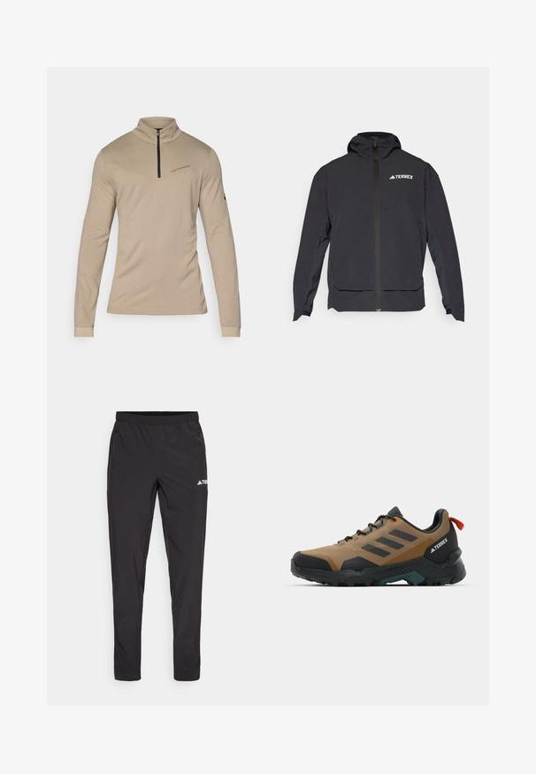 Casaco Terrex preto com fecho na frente, capuz e logótipo no canto superior esquerdo. Apresenta um design elegante e uma textura suave.; Camisa bege de mangas longas com colarinho alto e fecho de correr a meio. Apresenta uma costura diagonal e uma marcação discreta no peito. Textura suave.; Calças de treino pretas com uma cintura elástica, dois bolsos laterais com fecho e um logótipo na parte superior da perna direita. Tecido liso e leve.; Botas de caminhada castanho claro com detalhes pretos, apresentando um cabedal texturizado, sola de borracha e bico reforçado. Inclui uma alça vermelha.