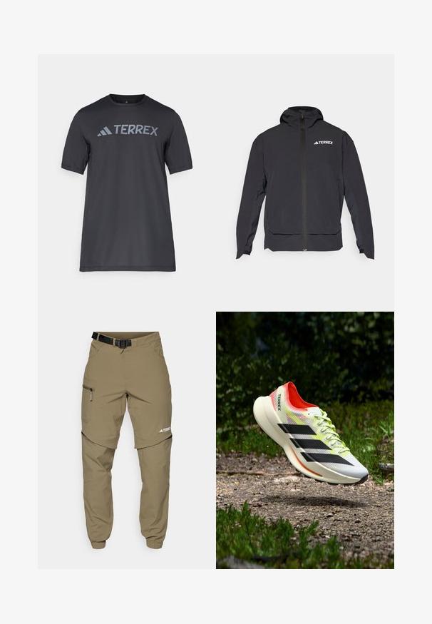 Črna jakna Terrex z zadrgo na sprednji strani, kapuco in logotipom na zgornji levi strani. Ponaša se z elegantnim dizajnom in gladko teksturo.; Črna majica s kratkimi rokavi iz lahkega materiala, ki ima odtisnjen svetlo sivi logotip "TERREX" čez prsi in okrogel izrez.; Bež outdoor hlače s pasom, žepoma na zadrgo na straneh in elastičnimi manšetami. Imajo zasnovo z odpetjem na zadrgo za večjo uporabnost in gladko teksturo.; Lahka tekaška obutev v beli barvi s črnimi črtami, rdečimi poudarki in rumenimi vezalkami; ima teksturiran zgornji del in podložen podplat.
