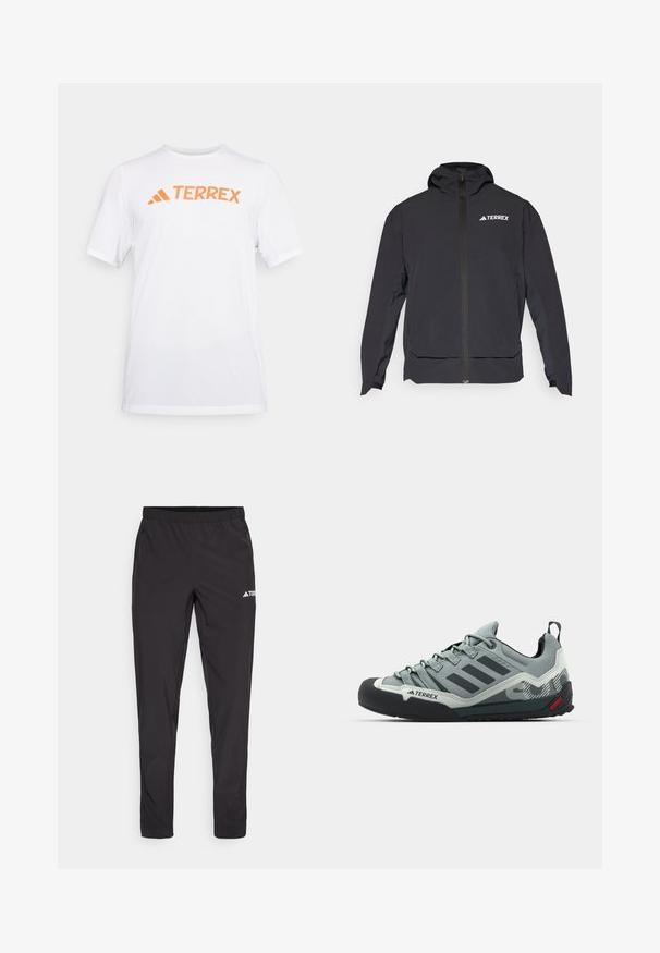 Must mängude värviline Terrex jope, millel on lukuga eesmine osa, kapuuts ja logo vasakul ülal. Omab sujuvat disaini ja pehmet tekstuuri.; Valge lühikeste varrukatega spordisärk, mis on valmistatud hingavast materjalist, millel on rinnal oranž "TERREX" logo. Lihtne disain selgete joontega.; Mustad mustad dressipüksid elastse vöökoha, kahe külje tõmblukuga tasku ja logoga paremal ülemisel reitel. Sile ja kerge kangas.; Hallid hallid ronimissaapad, millel on tekstureeritud pealispind, must kummist varbakaitse, kolm tumedat triipu ja väike punane aktsent tallal.