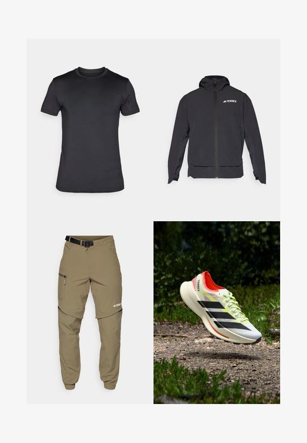 Juodas Terrex džemperis su užtrauktuku priekyje, kepure ir logotipu viršutiniame kairiajame kampe. Turi stilingą dizainą ir lygią tekstūrą.; Juoda trumpa rankovė T-koselė, pagaminta iš lygaus audinio. Klasikinis apykaklės dizainas su subtiliu logotipo akcentu kairėje rankovėje.; Smėlio spalvos laisvalaikio kelnės su diržu, užtrauktukais užsegamomis šoninėmis kišenėmis ir elastingais rankogaliais. Turi atsegamą dizainą, leidžiantį įvairiai naudoti, bei lygų paviršių.; Lengvo svorio bėgimo batelis baltos spalvos su juodomis juostelėmis, raudonomis detalėmis ir geltonais raišteliais; turi faktūruotą viršutinę dalį ir paminkštintą pado dalį.