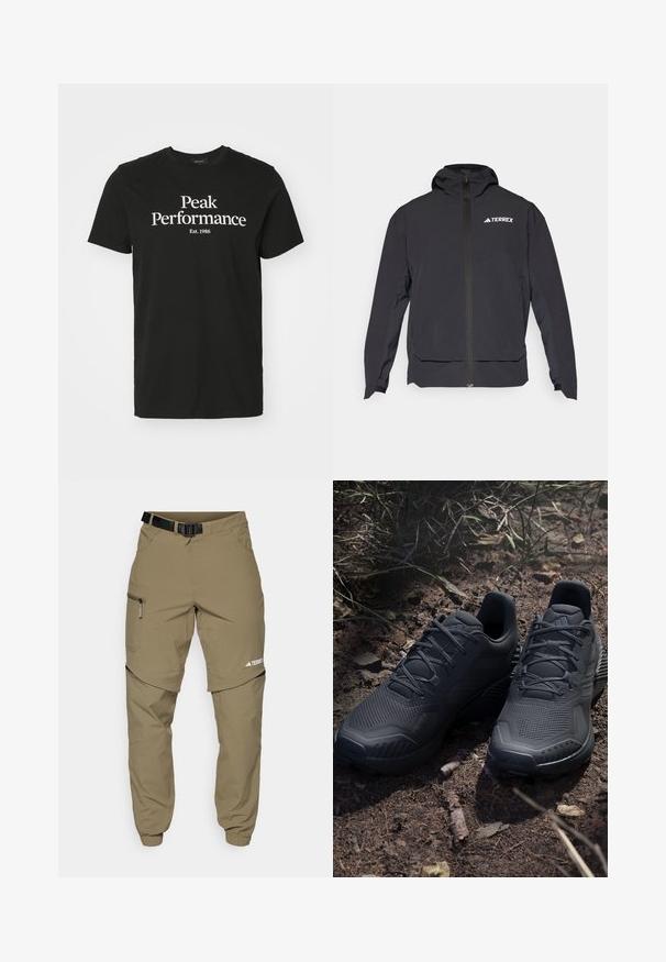 Zwarte Terrex-jas met een ritssluiting aan de voorkant, kap en logo aan de bovenlinkerzijde. Beschikt over een strak ontwerp en een zachte textuur.; Zwart katoenen t-shirt met een witte grafische print waarin staat "Peak Performance Est. 1986." Ronde hals en korte mouwen.; Khaki outdoor broek met een verstelbare zwarte riem, ritszakken, taps toelopende mouwen en afneembare onderbenen voor veelzijdige styling.; Zwarte sportieve schoenen met een gestructureerde gebreide bovenkant, verstevigde neus en een gevoerde zool, tentoongesteld op aardse grond met verspreide takjes.