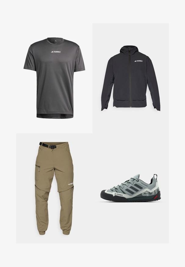 Sort Terrex jakke med lynlås fortil, hætte og logo på øverste venstre side. Har et slankt design og glat tekstur.; adidas Terrex TERREX MULTI - T-shirts basic - black; Khaki udendørs bukser med en justerbar sort bælte, lynlås-lommer, smalle ankler og aftagelige nederste ben til alsidig styling.; Grå klatresko med en tekstureret overdel, sort gummitåkappe, tre mørke striber og et lille rødt accent på sålen.