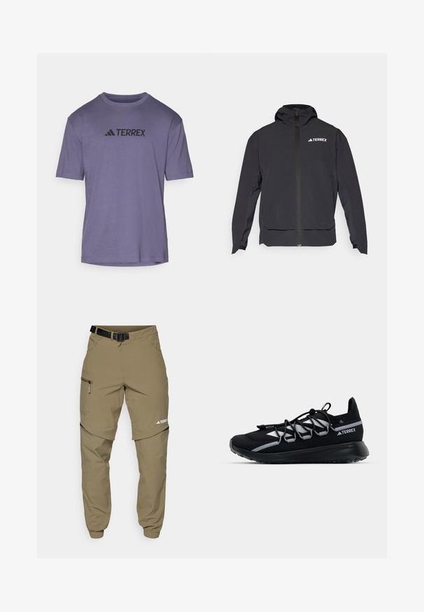 Black Terrex jacket with a zip front, hood, and logo on the upper left. Features a sleek design and smooth texture.; Purple short-sleeve t-shirt made of smooth fabric, featuring a black "TERREX" logo across the chest and a crew neckline.; Khaki outdoor pants with a adjustable black belt, zippered pockets, tapered cuffs, and detachable lower legs for versatile styling.; Black athletic shoe with a mesh upper, reflective accents, elastic laces, and a textured rubber sole. Features a sleek design for performance.