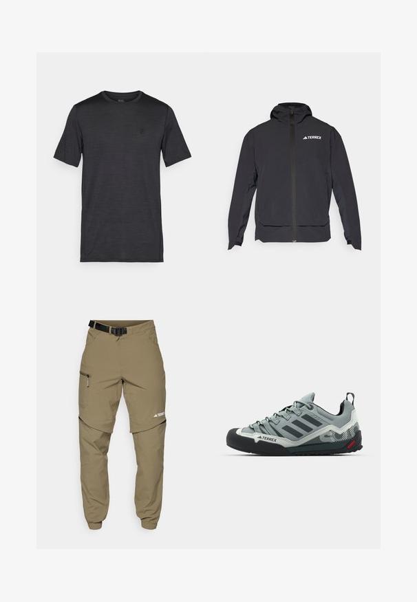 Svart Terrex-jacka med dragkedja fram, huva och logotyp på övre vänstra sidan. Har en strömlinjeformad design och en slät textur.; Svart kortärmad t-shirt gjord av mjuk, lättviktsmaterial. Har en rund halsringning och en broderad logotyp på bröstet.; Beige utomhusbyxor med bälte, sidofickor med dragkedja och elastiska muddar. Har en avtagbar design för mångsidighet och en mjuk textur.; Grå klätterskor med entexturerad ovandel, svart gummikåpa på tån, tre mörka ränder och en liten röd accent på sulan.