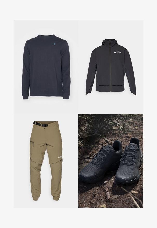 Schwarze Terrex-Jacke mit einem Reißverschluss vorne, Kapuze und Logo auf der oberen linken Seite. Verfügt über ein elegantes Design und eine glatte Textur.; Klättermusen ROOT LOGO TEE - Langarmshirt - raven; Khaki Outdoor-Hosen mit verstellbarem schwarzen Gürtel, Reißverschlusstaschen, schmal zulaufenden Bündchen und abnehmbaren unteren Beinen für vielseitige Stylingmöglichkeiten.; Schwarze Sportschuhe mit einem strukturierten Strickobermaterial, verstärkter Zehenkappe und gepolsterten Sohlen, die auf erdigem Boden mit verstreuten Zweigen präsentiert werden.