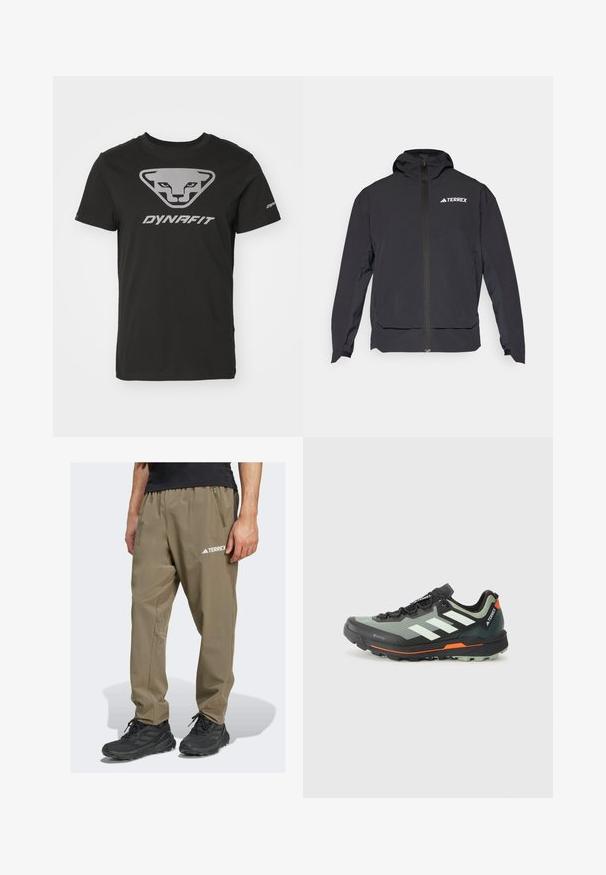Crna Terrex jakna s patentnim zatvaračem sprijeda, kapuljačom i logotipom na gornjoj lijevoj strani. Ima elegantan dizajn i glatku teksturu.; Crni pamučni majica s trokutastim logom na kojem je stilizirano lice životinje i natpis "DYNAFIT" u srebrnoj boji. Kratki rukavi, dizajn s okruglim izrezom.; Terrex brend lagane, khaki planinarske hlače s elastičnom trakom u struku, bočnim džepom i detaljem s logotipom. Izrađene od izdržljivog, prozračnog materijala.; Lagana trail trkačka cipela s gornjim dijelom od sive i crne mrežice, narančastim akcentima i robusnom potplatom za prianjanje. Vodootporna Gore-Tex podstava.