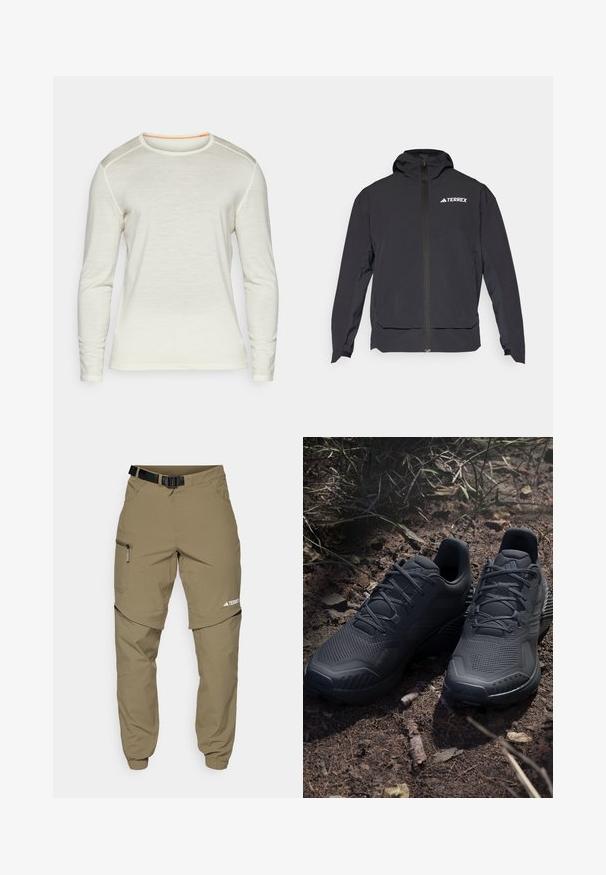 Czarna kurtka Terrex z zamkiem z przodu, kapturem i logo na górze z lewej strony. Posiada elegancki design i gładką teksturę.; Koszula z długim rękawem w kolorze kremowym, z okrągłym dekoltem ozdobionym pomarańczowym przeszyciem oraz gładką fakturą. Prosty fason bez dodatkowych wzorów.; Beżowe spodnie outdoorowe z paskiem, kieszeniami na boki na suwak i elastycznymi mankietami. Posiadają odpinany design dla wszechstronności oraz gładką fakturę.; Czarne sportowe buty z teksturowanym cholewką z dzianiny, wzmocnionym noskiem i amortyzowaną podeszwą, wystawione na ziemi z naturalnym podłożem, z rozsypanymi gałązkami.