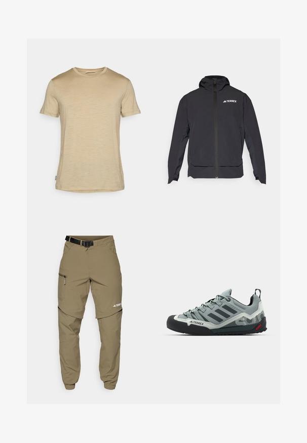 Crna Terrex jakna s patentnim zatvaračem sprijeda, kapuljačom i logotipom na gornjoj lijevoj strani. Ima elegantan dizajn i glatku teksturu.; Bež majica kratkih rukava izrađena od laganog materijala; ima okrugli izrez i suptilnu teksturu s ravnim rubom.; Bež vanjske hlače s remenom, bočnim džepovima na patentni zatvarač i elastičnim rubovima. Imaju dizajn s patentnim zatvaračem za uklanjanje dijelova radi svestranosti i glatku teksturu.; Sive čizme za penjanje s teksturiranim gornjim dijelom, crnim gumenim vrhom, tri tamne pruge i malim crvenim detaljem na potplatu.