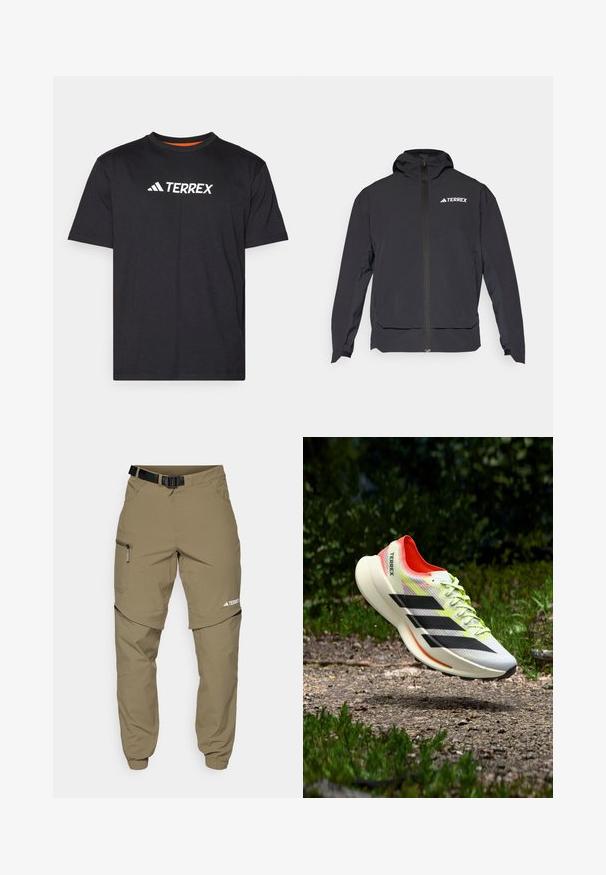 Must mängude värviline Terrex jope, millel on lukuga eesmine osa, kapuuts ja logo vasakul ülal. Omab sujuvat disaini ja pehmet tekstuuri.; Mustal lühikeste varrukatega t-särk, mis on tehtud pehmest kangast, ümmarguse kaelusega ja rinnal valge "TERREX" logo.; Beežid vabaajapüksid vööga, külgedel tõmblukuga taskud ja elastsed mansetid. Omavad mitmekülgsust võimaldavat eemaldatavat disaini ja siledat tekstuuri.; Kerge valge jooksujalats mustade triipude, punaste detailide ja kollaste paeltega; omab tekstuuriga pealset ja pehmendusega tallga.