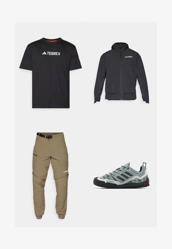 Μαύρο μπουφάν Terrex με φερμουάρ μπροστά, κουκούλα και λογότυπο στο επάνω αριστερό μέρος. Διαθέτει κομψό σχέδιο και λεία υφή.; Μαύρη κοντομάνικη μπλούζα φτιαγμένη από μαλακό ύφασμα, με στρογγυλή λαιμόκοψη και λευκό λογότυπο "TERREX" στο στήθος.; Χακί εξωτερικές παντελόνες με ρυθμιζόμενη μαύρη ζώνη, τσεπάκια με φερμουάρ, στενές μανσέτες και αφαιρούμενα κάτω μέρη για ευέλικτο στυλ.; Γκρι παπούτσια αναρρίχησης με υφή, μαύρη καμπάνα από καουτσούκ, τρεις σκοτεινές ρίγες και μια μικρή κόκκινη λεπτομέρεια στη σόλα.