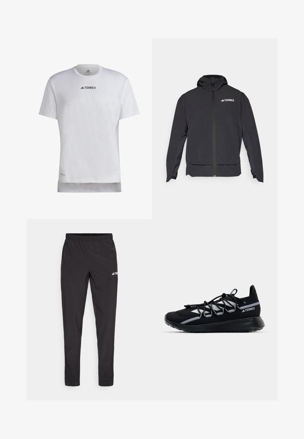 Čierna bunda Terrex so zipsom vpredu, kapucňou a logom na hornej ľavej strane. Vyniká elegantným dizajnom a hladkou textúrou.; adidas Terrex TERREX MULTI - Základné tričko - white; Čierne športové nohavice s elastickým pásom, dvoma bočnými zipsovými vreckami a logom na hornej pravej nohe. Hladká, ľahká tkanina.; Čierna športová obuv s vrchnou časťou z mäkkej sieťoviny, reflexné detaily, elastické šnúrky a textúrovaná gumová podrážka. Vyznačuje sa štíhlym dizajnom pre vysoký výkon.