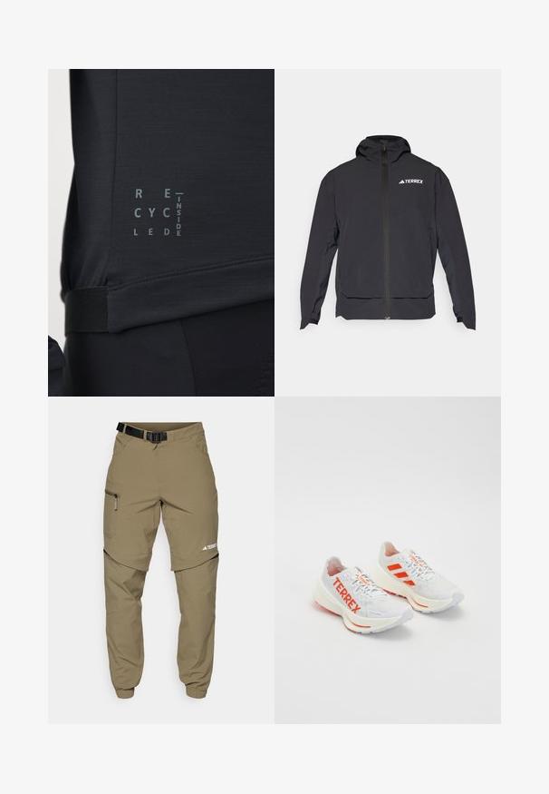 Veste Terrex noire avec fermeture éclair à l'avant, capuche et logo en haut à gauche. Elle présente un design élégant et une texture lisse.; Haut de sport noir avec une texture lisse, une taille élastique et un graphique texte indiquant "RECYCLÉ À L'INTÉRIEUR" en gris contrastant.; Pantalons d'extérieur kaki avec une ceinture noire ajustable, des poches zippées, des poignets fuselés et des jambes inférieures détachables pour un style polyvalent.; Baskets de sport blanches avec des accents orange, arborant le logo "TERREX", un dessus en mesh, une semelle rembourrée et une semelle extérieure en caoutchouc texturé.
