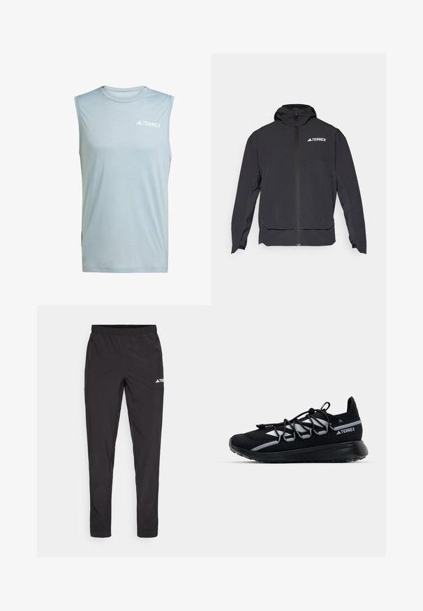 Jachetă Terrex neagră cu fermoar frontal, glugă și logo în partea stângă sus. Prezintă un design elegant și o textură netedă.; Tricou athletic fără mâneci, de culoare albastru deschis, realizat dintr-un material ușor, având un decolteu rotund și un logo alb "TERREX" pe față.; Pantaloni sport negri cu talie elastică, două buzunare laterale cu fermoar și un logo pe partea dreaptă a piciorului. Material neted și ușor.; Pantofii sport negri cu o parte superioară din plasă, accente reflectorizante, șireturi elastice și o talpă din cauciuc texturată. Caracterizează un design elegant pentru performanță.