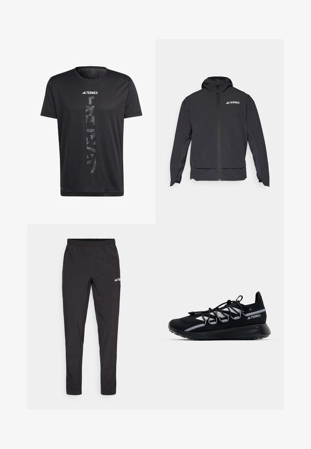 Schwarze Terrex-Jacke mit einem Reißverschluss vorne, Kapuze und Logo auf der oberen linken Seite. Verfügt über ein elegantes Design und eine glatte Textur.; adidas Terrex AGRAVIC TRAIL - T-Shirt print - black; Schwarze Sporthose mit einem elastischen Bund, zwei seitlichen Reißverschlusstaschen und einem Logo am oberen rechten Bein. Glattes, leichtes Material.; Schwarzer Sportschuh mit einem Obermaterial aus Mesh, reflektierenden Akzenten, elastischen Schnürsenkeln und einer strukturierten Gummisohle. Verfügt über ein schlankes Design für optimale Leistung.