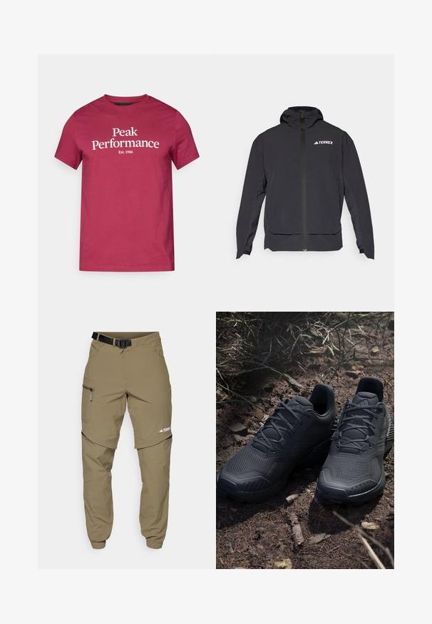 Melnā Terrex jaka ar rāvējslēdzēju priekšpusē, ērtu kapuci un logotipu augšējā kreisajā pusē. Tai ir eleganta dizaina un gluda virsma.; Bordo kokvilnas T-krekls ar baltu tekstu "Peak Performance" un "Est. 1986." Īsas piedurknes un klasiskā apaļā kakla dizains.; Kaki āra bikses ar regulējamu melnu jostu, ar rāvējslēdzējiem kabatām, sašaurinātiem piedurknēm un noņemamām apakšējām kājām, nodrošinot daudzveidīgu stilu.; Melni sporta apavi ar struktūru adītu virsu, pastiprinātu pirkstu daļu un amortizētu zoli, izvietoti uz zemes, kurā ir izkaisīti zari.
