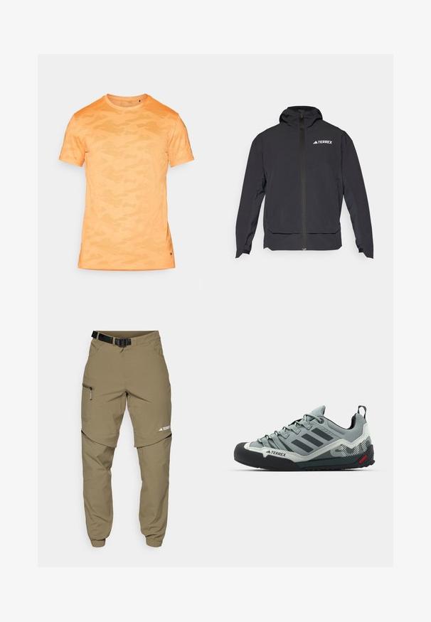 Crna Terrex jakna s patentnim zatvaračem sprijeda, kapuljačom i logotipom na gornjoj lijevoj strani. Ima elegantan dizajn i glatku teksturu.; Narančasti majica kratkih rukava s kamuflažnim uzorkom, okruglog izreza i suptilnom teksturiranom tkaninom. Bočni prorez na rubu. Lagani dizajn.; Bež vanjske hlače s remenom, bočnim džepovima na patentni zatvarač i elastičnim rubovima. Imaju dizajn s patentnim zatvaračem za uklanjanje dijelova radi svestranosti i glatku teksturu.; Sive čizme za penjanje s teksturiranim gornjim dijelom, crnim gumenim vrhom, tri tamne pruge i malim crvenim detaljem na potplatu.