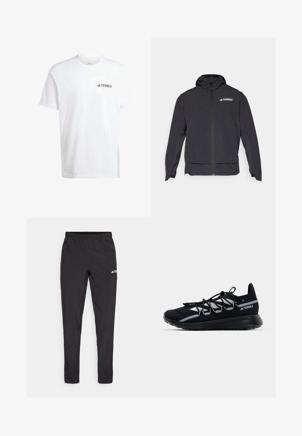 Black Terrex jacket with a zip front, hood, and logo on the upper left. Features a sleek design and smooth texture.; White cotton t-shirt with short sleeves, featuring a small black "TERREX" logo on the left chest area. Classic crew neck design.; Black athletic pants with an elastic waistband, two side zip pockets, and a logo on the upper right leg. Smooth, lightweight fabric.; Black athletic shoe with a mesh upper, reflective accents, elastic laces, and a textured rubber sole. Features a sleek design for performance.