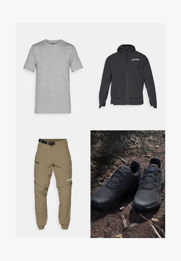 Schwarze Terrex-Jacke mit einem Reißverschluss vorne, Kapuze und Logo auf der oberen linken Seite. Verfügt über ein elegantes Design und eine glatte Textur.; Graues meliertes T-Shirt mit kurzen Ärmeln und rundem Halsausschnitt, strukturiertem Stoff und kleinem Logo-Akzent auf der Brust. Leichtes Design.; Beige Outdoorhose mit Gürtel, seitlichen Reißverschlusstaschen und elastischen Bündchen. Verfügt über ein abnehmbares Design für Vielseitigkeit und eine glatte Textur.; Schwarze Sportschuhe mit einem strukturierten Strickobermaterial, verstärkter Zehenkappe und gepolsterten Sohlen, die auf erdigem Boden mit verstreuten Zweigen präsentiert werden.