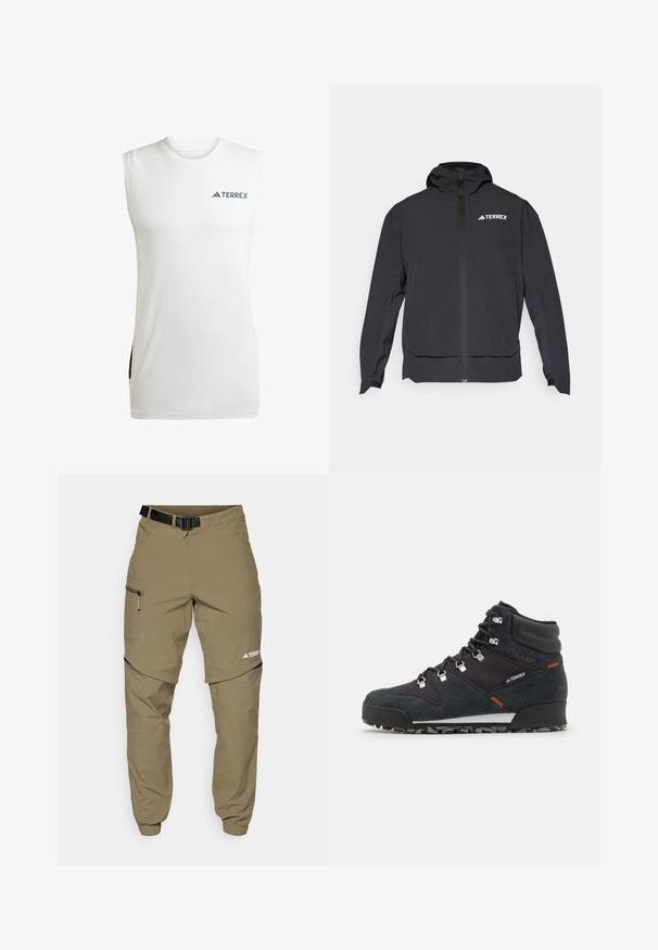 Juodas Terrex džemperis su užtrauktuku priekyje, kepure ir logotipu viršutiniame kairiajame kampe. Turi stilingą dizainą ir lygią tekstūrą.; Bežėdžiai balti sportiniai marškiniai, pagaminti iš drėgmę šalinančių audinių, su apvaliu kaklu ir juodais šoninės detalėmis, ant kurių yra Terrex logotipas.; Kaki lauko kelnės su reguliuojamu juodu diržu, užtrauktukais užsegamomis kišenėmis, siaurėjančiais klešniais ir nuimamomis apatinėmis dalimis, skirtomis įvairiems stiliams.; Juodos ir pilkos pusiau aukštos žygių botai, pagaminti iš zomšos ir sintetinių medžiagų, su sidabriniais akcentais ir tvirta gumine padais su tekstūruotu raštu.