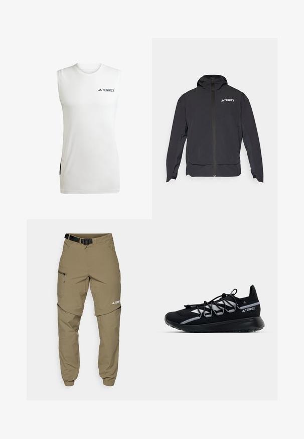 Schwarze Terrex-Jacke mit einem Reißverschluss vorne, Kapuze und Logo auf der oberen linken Seite. Verfügt über ein elegantes Design und eine glatte Textur.; Ärmelloses weißes Sportshirt aus feuchtigkeitstransportierendem Stoff, mit rundem Ausschnitt und schwarzen seitlichen Akzenten sowie dem Terrex-Logo.; Khaki Outdoor-Hosen mit verstellbarem schwarzen Gürtel, Reißverschlusstaschen, schmal zulaufenden Bündchen und abnehmbaren unteren Beinen für vielseitige Stylingmöglichkeiten.; Schwarzer Sportschuh mit einem Obermaterial aus Mesh, reflektierenden Akzenten, elastischen Schnürsenkeln und einer strukturierten Gummisohle. Verfügt über ein schlankes Design für optimale Leistung.