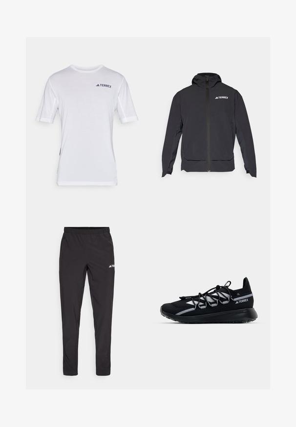 Black Terrex jacket with a zip front, hood, and logo on the upper left. Features a sleek design and smooth texture.; White short-sleeve t-shirt with mesh accents near shoulders, featuring a 'TERREX' logo in dark blue on the chest. Soft texture, regular fit.; Black athletic pants with an elastic waistband, two side zip pockets, and a logo on the upper right leg. Smooth, lightweight fabric.; Black athletic shoe with a mesh upper, reflective accents, elastic laces, and a textured rubber sole. Features a sleek design for performance.