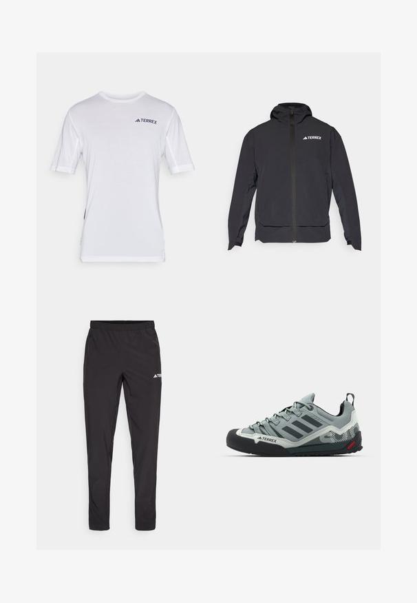 Melnā Terrex jaka ar rāvējslēdzēju priekšpusē, ērtu kapuci un logotipu augšējā kreisajā pusē. Tai ir eleganta dizaina un gluda virsma.; Balts īss piedurkņu T-krekls ar sietveida akcentiem pie pleciem, uz krūtīm tumši zils "TERREX" logo. Mīksta tekstūra, regulāra piegriezuma.; Melni sporta bikses ar elastīgu jostasvietu, divām sānu rāvējslēdzēju kabatām un logo augšējā labajā kājā. Gluds, viegls audums.; Pelēki kāpšanas apavi ar teksturētu augšdaļu, melnu gumijas purngalu, trim tumšām svītrām un nelielu sarkanu akcentu uz zoles.