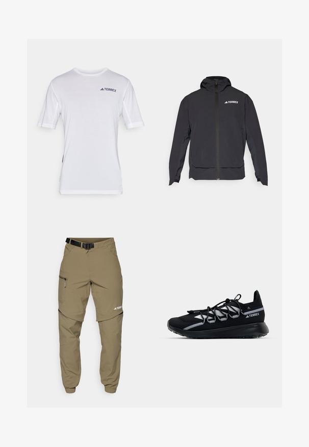 Črna jakna Terrex z zadrgo na sprednji strani, kapuco in logotipom na zgornji levi strani. Ponaša se z elegantnim dizajnom in gladko teksturo.; Bela majica s kratkimi rokavi z mrežastimi poudarki blizu ramen, z logotipom 'TERREX' v temno modri barvi na prsih. Mehka tekstura, običajen kroj.; Khaki zunanji hlače z nastavljivim črnim pasom, žepi z zadrgo, ožji konci in snemljivi spodnji deli za vsestranski slog.; Črne športne čevlje z mrežno zgornjico, odsevnimi dodatki, elastičnimi vezalkami in teksturiranim gumijastim podplatom. Imajo eleganten dizajn za boljšo zmogljivost.