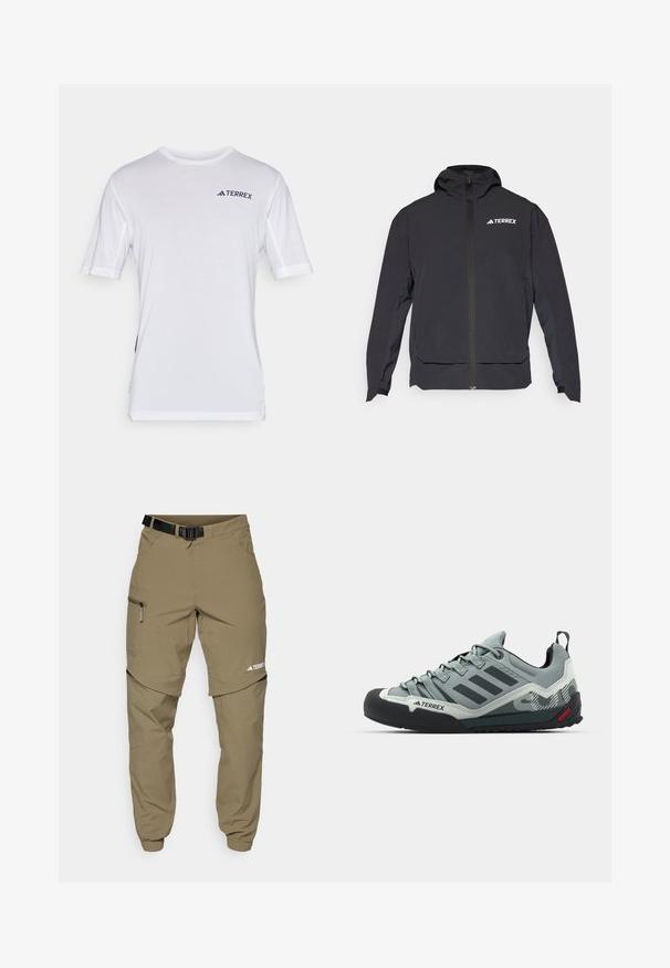 Casaco Terrex preto com fecho na frente, capuz e logótipo no canto superior esquerdo. Apresenta um design elegante e uma textura suave.; T-shirt branca de manga curta com detalhes em rede perto dos ombros, apresentando o logótipo 'TERREX' em azul escuro no peito. Textura suave, corte regular.; Calças de exterior em caqui com um cinto preto ajustável, bolsos com fecho, punhos ajustados e pernas inferiores destacáveis para um estilo versátil.; Chalkboard cinzas com um cabedal texturizado, bico de borracha preta, três riscas escuras e um pequeno destaque vermelho na sola.