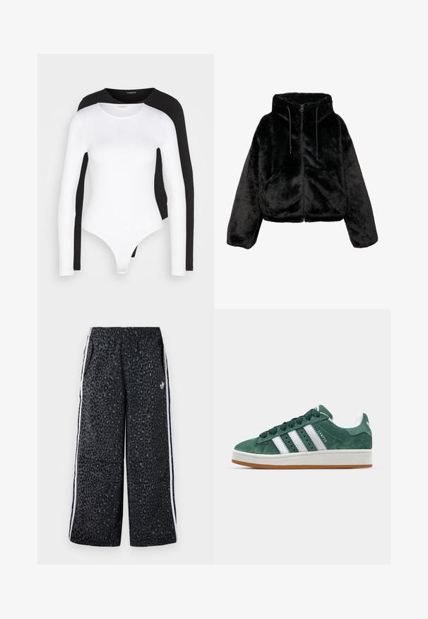 Geacă scurtă neagră din blană artificială cu glugă, fermoar frontal și șnur ajustabil. Dispune de manșete elastice și două buzunare laterale. Material moale și texturat.; Body lung cu mâneci lungi în alb și negru, cu un decolteu rotund. Fabricat dintr-un material moale și elastic, are un fund tip thong și mâneci ajustate.; adidas Originals GRAPHIC UNISEX - Pantaloni de trening - black; Tenis verde din suede cu dungi albe din piele, talpă din cauciuc, guler căptușit și design minimalistic. Prezintă branding pe lateral.