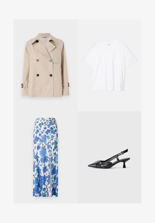 Weekend Max Mara BIGLIA - Light jacket - ice; White cotton t-shirt with short sleeves, round neckline, relaxed fit, and stitched hem. Label visible on the inside neck.; Maxi skirt in white fabric with blue floral pattern. Features a side slit and a smooth, lightweight texture.; Black leather slingback shoe with a pointed toe, decorative straps featuring metal eyelets, and a low block heel. Textured surface.
