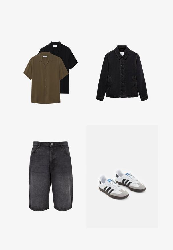 Čierna džínsová bunda s špicatým golierom, predným zapínaním na gombíky a dvomi bočnými vreckami. Má kontrastné prešívanie a voľný strih.; Košele s krátkym rukávom na gombíky v olivovej zelenej a čiernej farbe, s hladkým materiálom, rovný lem a špicatým golierom s jemným leskom.; Tričko bez rukávov v šedé, bílé a černé barvě. Měkký bavlněný materiál s kulatým výstřihem a volným střihem. Jednoduchý design, bez vzorů.; Čierne denimové šortky s voľným strihom, piatimi vreckami a zapínaním na gombík. Tkanina má hladkú textúru s jemným vyblednutím.; Športové topánky s bielym koženým zvrškom, šedou semišovou špičkou a tromi čiernymi pruhmi. Obsahujú modré logo na jazyku a štruktúrovanú gumovú podrážku.