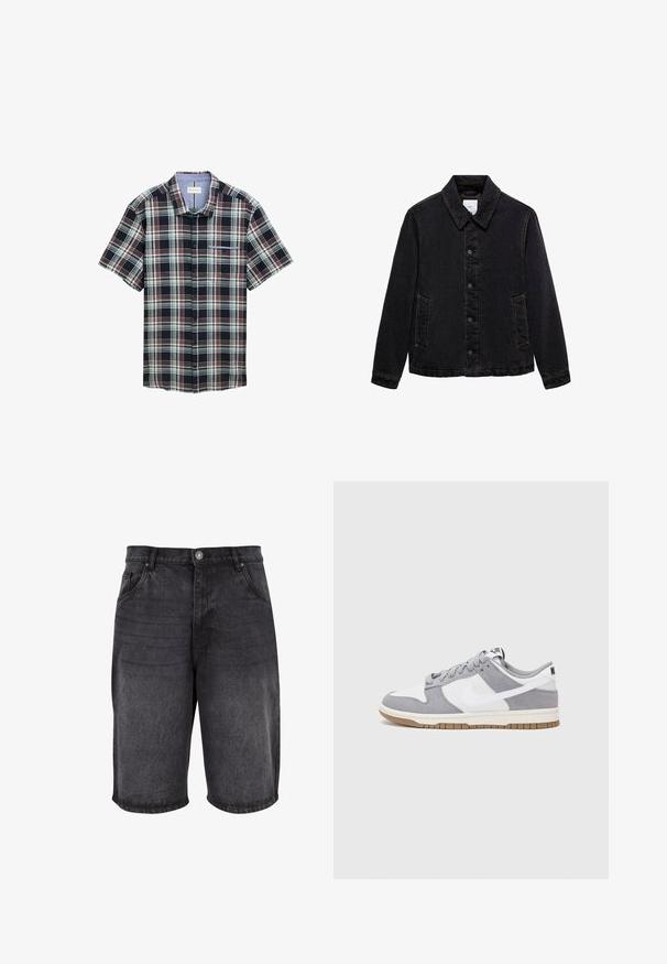 Veste en denim noir avec col pointu, fermeture à boutons sur le devant et deux poches latérales. Présente des coutures contrastées et une coupe décontractée.; Chemise à manches courtes à carreaux bleu marine, rouge et vert. Elle présente un devant à boutons, une poche poitrine et un motif à carreaux avec un col contrasté.; Shorts en denim noir avec une coupe décontractée, un design à cinq poches et une fermeture à bouton. Le tissu a une texture lisse avec un léger dégradé.; Baskets grises et blanches avec un dessus en suède et cuir, bout rond, lacets plats et semelle en caoutchouc avec une touche de gomme.